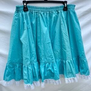 Cotton Teal Blue Lace Trim Tiered Flowy Midi Skirt